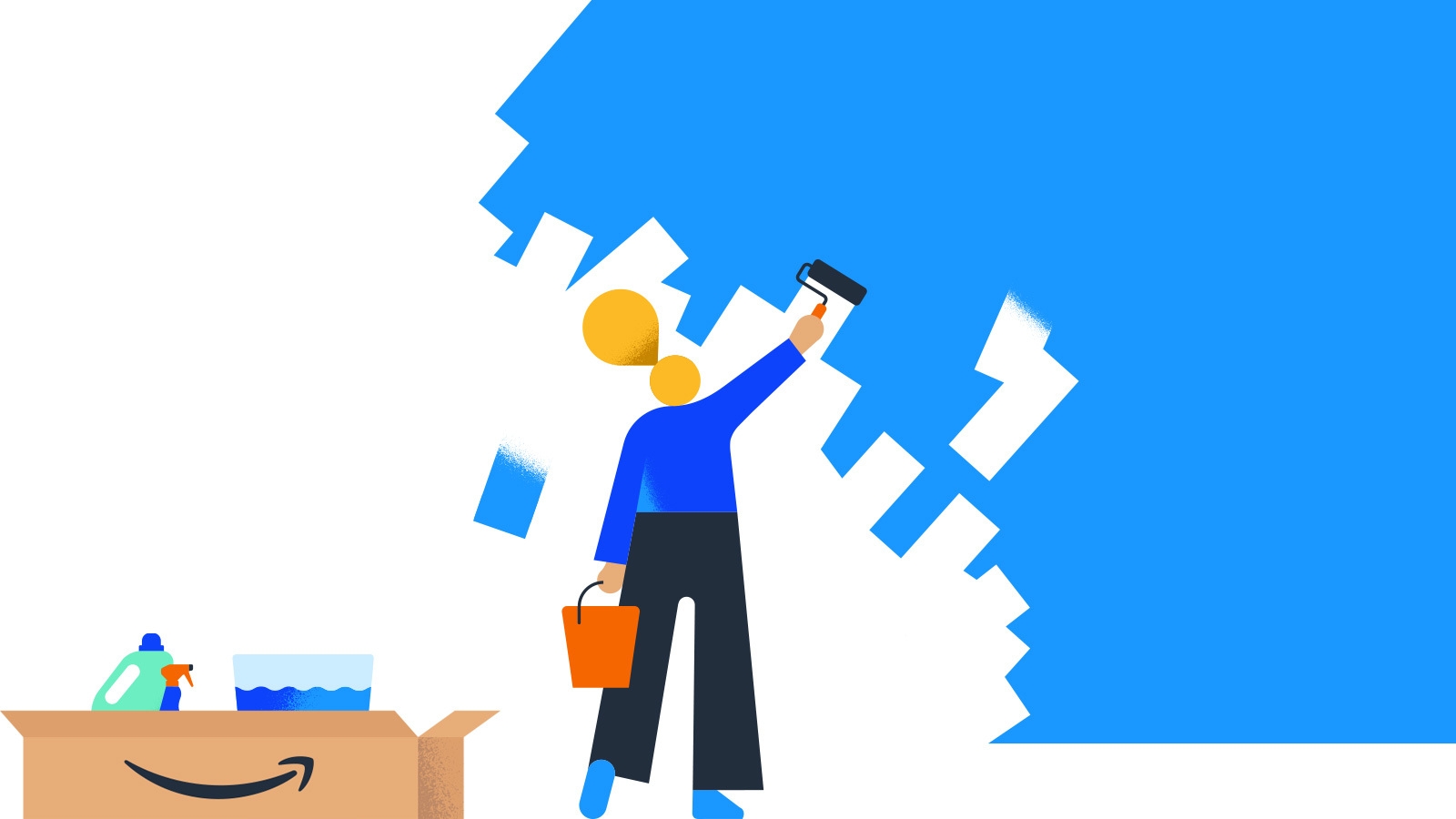 An illustration of someone painting a blue wall with an Amazon box containing supplies behind them.