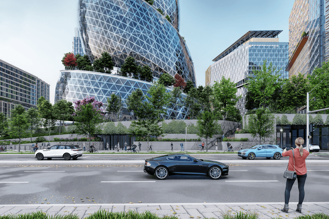 A rendering of the exterior of Amazon's new headquarters in Arlington, Virginia. 