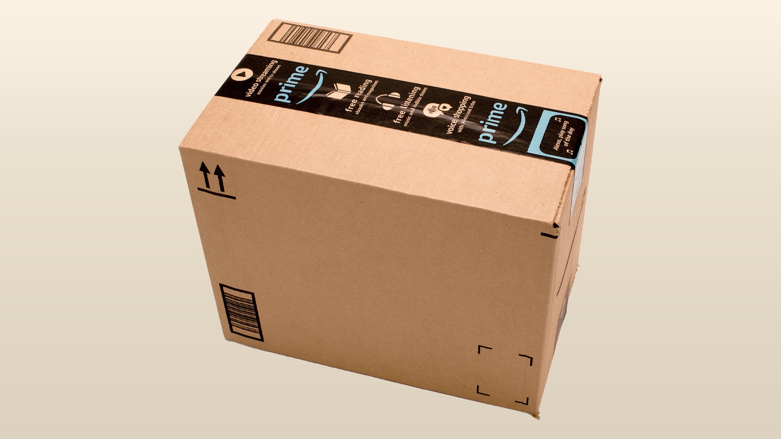 An image of an amazon package with a beige background.